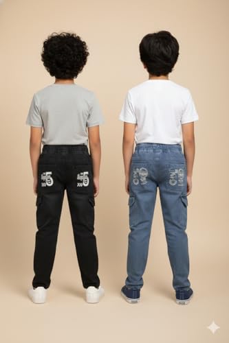 Image of Boys Cargo Pants, Kids Cargo Jeans with Pockets, Adjustable Waist, Stretch Denim Casual Pants for Boys