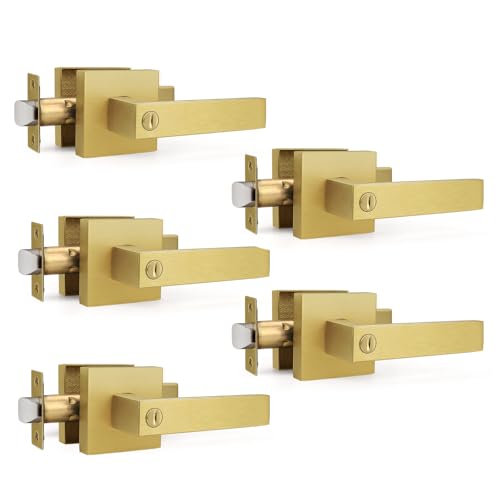 Gobrico 5 Pack Heavy Duty Gold Square Privacy Interior Door Levers, Satin Brass Finish, Bedroom and Bathroom Door Handles Keyless Bed/Bath Lockset
