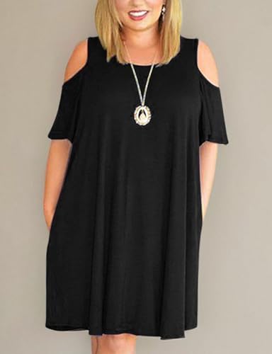 Image of Kancystore Women's Plus Size Summer Dresses Short Sleeve Casual T-Shirt Swing Dress with Pockets