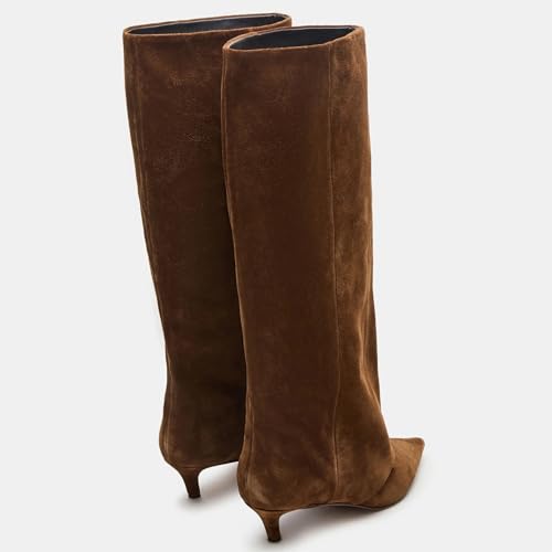 Brown Suede Knee High Boots for Women Comfortable Pull on Pointed Toe 2 Inch Kitten Heel Fold Over Boots.3