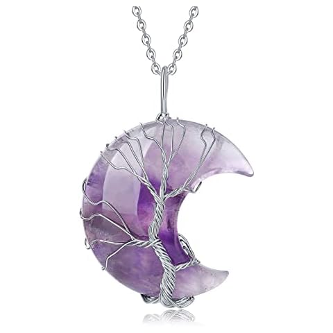 XIANNVXI Amethyst Necklaces for Women Crystal Crescent Moon Necklace Purple Jewelry for Women Trendy Tree of Life Wire Wrapped Pendant Spiritual Witchy Jewelry Cover