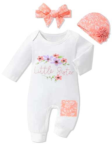 Baby Girl Clothes Patter&Letter Baby Girl Romper with Bow Hat&Headband and Gloves 4Pcs Baby Girl Coming Home Outfit