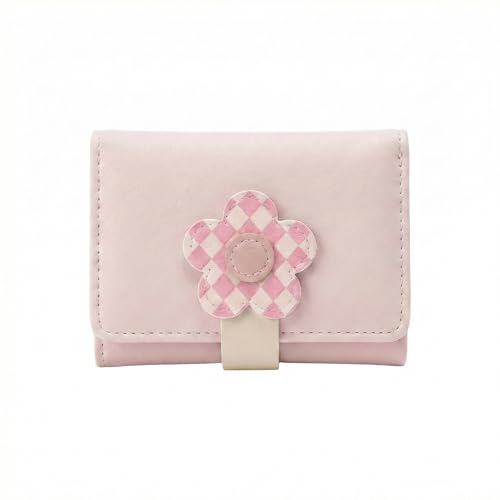 Carteira Feminina Pequena Compacta Porta Cartões e Notas Design Flor Xadrez Couro PU Macio Mini Tons Pastel (Rosa)