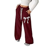 Generisch Baggy Jogginghose Mädchen Weites Bein Sweathose Schleife Print Jogging Hose Mit Tasche Und Kordelzug Elastische Taille Sporthose High Waist Sweatpants Leicht Freizeithose Wein 9 Jahre