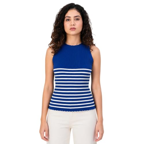 Image of Kalt Womens Knitted, Ribbed Cotton Fitted Sleeveless Round Neck Cami Tank Top