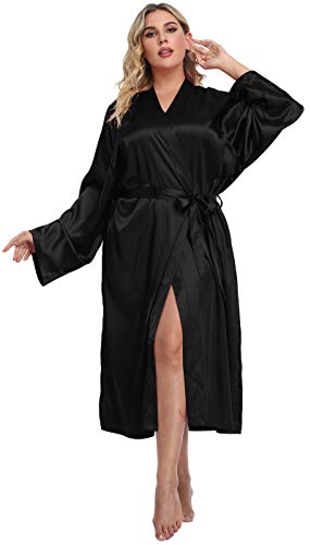 Women's Plus Size Satin Kimono Robes Long Silky Bathrobe Lightweight Sleepwear Wedding Dressing Gown