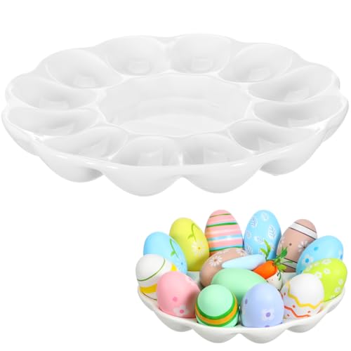 DECHOUS Deviled Egg Platter Ceramic - 12 Egg Holder Round Dish Plate for Party, Easter Display Dish - Microwave & Freezer Safe, 8-Inch, White