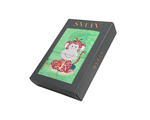 Image of SNAAN 600 GSM, Pure Combed Cotton Monkey Towel for, Kids | Ultra Soft, Super Absorbent Luxury Bath Towel with Attractive Colorful Design for, Boys & Girls (Island Green)