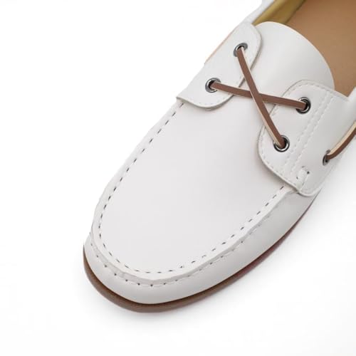Chaussures bateau classiques en cuir marron et blanc, style mocassin à œillets - 7