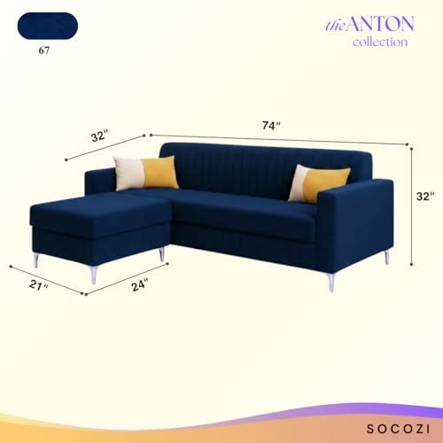 Image of SOCOZI Anton 4 Seater L Shape Sofa Set with Movable Ottoman | Flexible Left or Right Layout | Soft Velvet Suede Fabric | Modern Design | Plush Comfort Cushions for Living Room (Dark Blue)