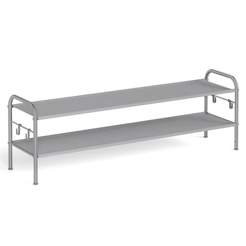 SONGMICS Shoe Rack, 2-Tier Shoe Organizer, Fabric Shoe Shelf Storage with 4 Hooks, Holds up to 12 Pairs of Shoes, Height-Adjustable Shoe Rack for Entr