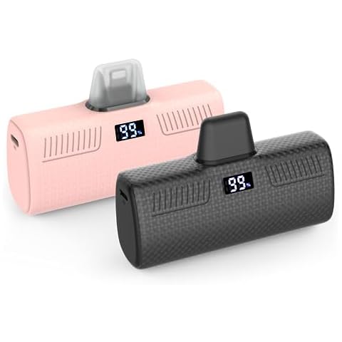GIN FOXI 2 Pack Portable Charger for iPhone, 22W PD Fast Charging 5000mAh Small Portable Charger Power Bank Smart LCD Display Mini Portable Phone Charger Battery Pack for iPhone Airpods(Black+Pink) Cover