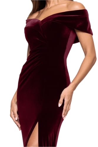 Image of Xscape Women's Long Velvet Off-The-Shoulder Sweetheart Neckline Dress with Leg Slit and Center Back Zipper, Burgundy, 8