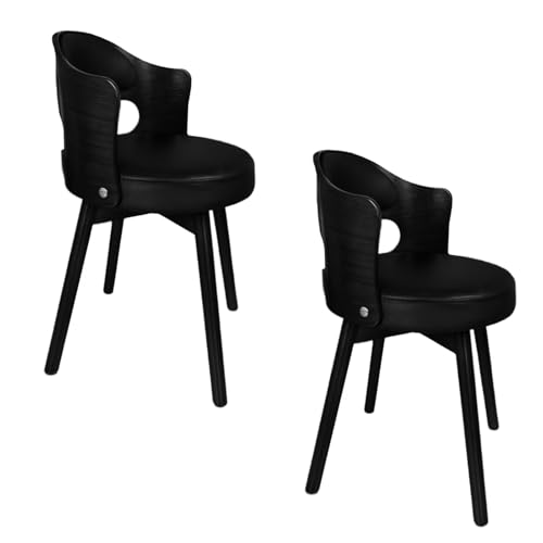 Juego de 2 sillas de comedor giratorias tapizadas modernas con reposabrazos de piel sintética, patas de madera maciza vintage para cocina, fácil de mantener, color negro