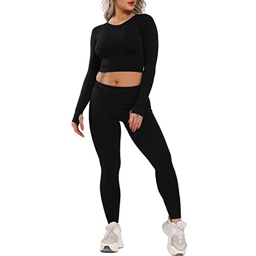 Mallas Conjunto De Yoga Sin Costuras para Mujer, Ropa De Gimnasio, Mallas Deportivas + Camisas Recortadas, Traje Deportivo, Chándal De Manga Larga para Mujer, Ropa Activa L Blackyogasuit