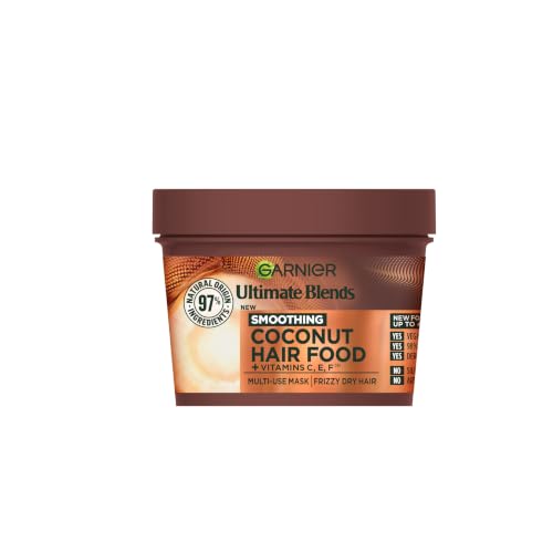 Garnier Hair Food 3-in-1 Hair Treatment Mask Smooths and Nourishes For Frizzy & Curly Hair No Silicones Vegan Formula Coconut and Macadamia Ultimate Blends 400ml