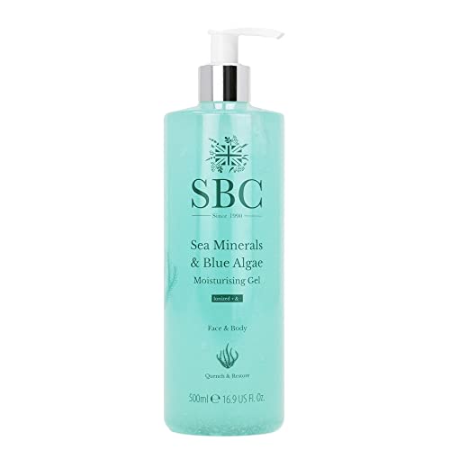SBC Skincare - Feuchtigkeitsgel für Gesicht und Körper mit Blauen Algen & Meeressalz - 500 ml - Stellt Glanz und Festigkeit Wieder Her - Hautpflege - Sea Minerals & Blue Algae Moisturising Gel Cover