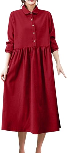 Damen Frühling Lose Einfarbig Cordkleider Herbst und Winter Krawatte Knopf Arbeit Langes Hemd A-Linie Faltenrock Langarm Revers Midikleider (Rot,XL)