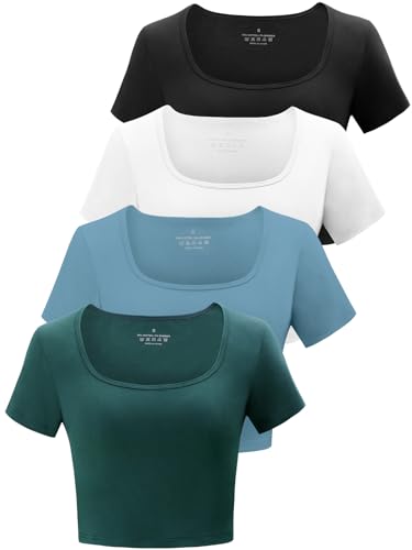BryticFlow Square Neck Crop Tops für Damen: Workout-Tops Trendige Ausgeh-Oberteile Damen Gym Sommer Shirts 4er Pack Schwarz/Weiß/Blau/Dunkelgrün XL