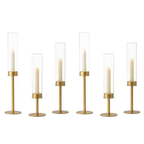Hewory Gold Candle Holders - 6Pcs Brass Hurricane...