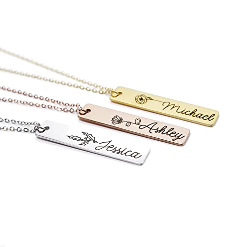 New Years Motivational Personalized Flower Name Bar Pendant Necklace - Personalized gift, Delicate Engraved Mother Daughter Wedding Holiday Birthday Graduation bridesmaid gifts