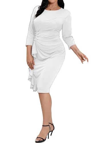 Image of Plus Size Dresses for Curvy Women 3 /4 Sleeve Bodycon Fit Ruffle Midi Pencil Dress