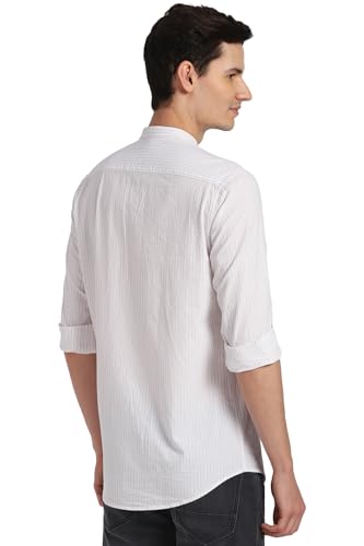 Image of Peter England Men's Casual Mandarin Collar Slim fit Full Sleeve Shirt in 100% Cotton Seersucker with Striped Design
