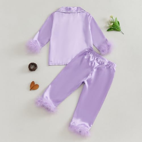 Toddler Girl Satin Pajama Set Feather Trim Long Sleeve Button Down Shirt Top Long Pants Sleepwear Loungewear4