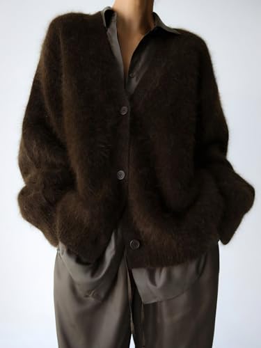 Image of chouyatou Women Furry Open Front Cardigan V-Neck Loose Casual Fluffy Knit Button Down Sweater Coat