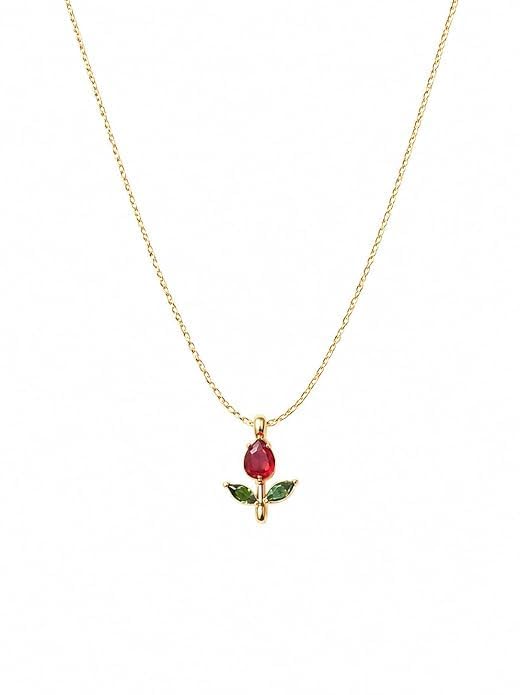 Image of Gold-Tone Rose Pendant Necklace for Women with Red Crystal, Floral Charm Chain Stainless Steel Anti Tarnish Waterproof Hypoallergenic, Gift for Her