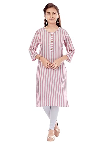 Image of Aarika Girls Cream Colour Cotton Striped Kurti