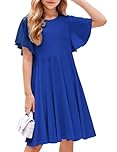 Arshiner Children's Dresses Summer Girls Short Sleeve Dress Casual Cotton A-Line Swing Knee-Length Dress Back to School Party Dresses Blue Spring Clothing with Pocket 120 Age 6-7
