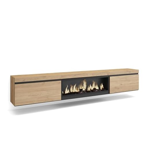Skraut Home | Mueble TV | Televisión | Muebles de salón, almacenaje | 267x45x35 cm | para TV Gran Formato | Chimenea eléctrica XXL | Colgado, Suspendido | Estilo Moderno | Roble