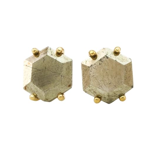Boucles d'oreilles pyrite femme argent doré | Bijou géométrique hexagone