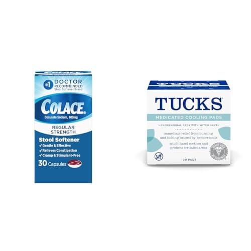 Colace Stool Softener Capsules & Tucks Medicated Cooling Pads for Hemorrhoids, 100 Count Each