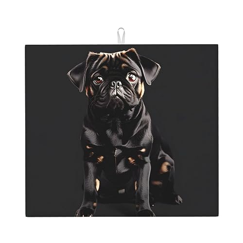 Alfombrilla Secado para Platos Lindo Perro Pug Negro Esteras De Secado para Cocina Antideslizante Multiusos Tapete Escurridor, para Fruta, Mostrador, Verdura, 41x46cm