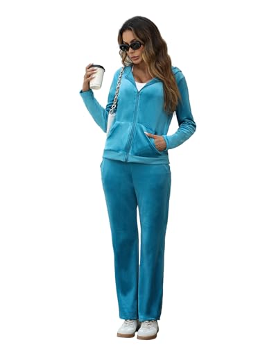 Marvmys Women's Sweatsuit Set Velour Long Sleeve Sweat Suits 2 Piece Tracksuits Jogging Suit Blue XXL