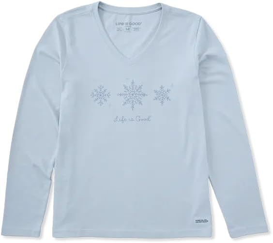 Life is Good. Women's Three Doodle Snowflakes Long Sleeve Crusher Vee, Glacier Blue
