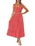 ZESICA Women's 2024 Summer Boho Spaghetti Strap Square Neck Solid Color Ruffle A Line Beach Long Maxi Dress,Watermelon,Small