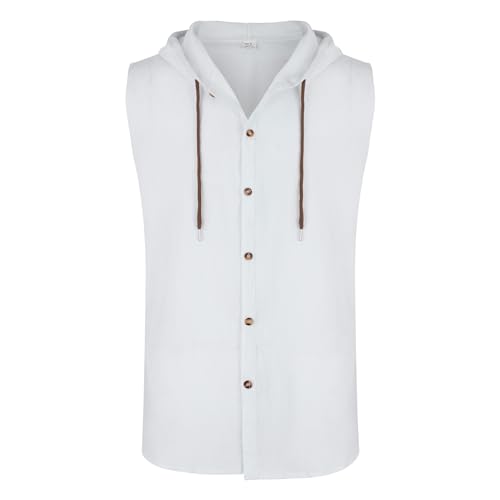Sleeveless Hoodies for Men Cotton Linen Button Down Drawstring Hooded Sweatshirts Lightweight Breathable Summer Tops2