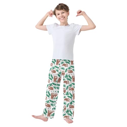 Sloth Palm Leaf Print Boys Long Pants Soft Trousers Elastic Waist Kids Lounge Bottoms with Pockets S-XL2