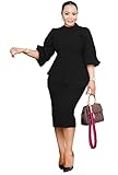 Ekaliy Women's Ruffle 3/4 Sleeve Vintage Bodycon Peplum Business Cocktail Formal Work Pencil Midi Dress XXL