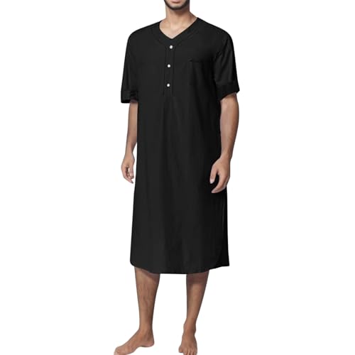 Men's Cotton Nightshirt Gown Short Sleeve V-neck Nightwear Loose Pajama Dress Soft Pajama Sleepwear with Pocket