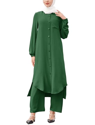 Image of IDOPIP Abaya Dress for Women Muslim Set Long Sleeve Chiffon Islamic Dress Shirt with Pants 2PCS Dubai Prayer Casual Clothes