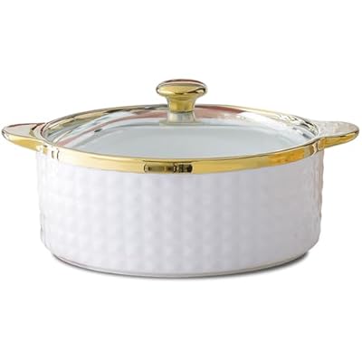 FENNVV Ceramic Soup Tureen with Lid 2.2L Large Capacity Serving Tureen Soup with Spoon Gold Trim White Porcelain Serving Soup Bowls for Home Kitchen Restaurant Decoration,1.8L/1.6QT