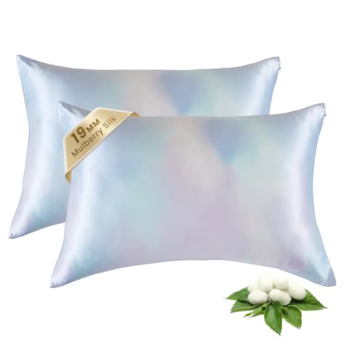 Image of THXSILK Set of 2 Natural Mulberry Silk Pillowcase for Hair & Skin with Zipper Closure, Cooling, Natural, Organic, Double Sided Silk Pillow Case (Gradient Light Blue, Queen 20 inchx30 inch)