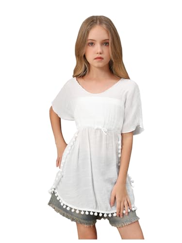 Image of SOLY HUX Girl's Short Sleeve Swimsuit Coverups Fringe Trim Swim Cover Up Beach Dress Beachwear