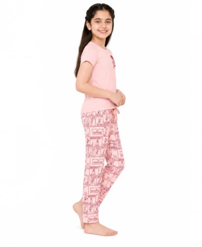 Image of Real Basics Girls Cotton Printed Short Sleeve Elastic Drawstring Waist Kids Nightwear Sleepwear Lounge Wear Outfit Comfortable Top & Full Length Pyjama Set