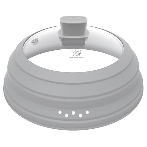 Image of Microwave Splatter Cover Glass Cover Guard Lid 6 inch Height with Collapsible Silicone for Food Pot Plate 12.5 inch Grey