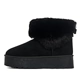 Women Platform Snow Boots – Faux Fur Lined Suede Ankle Boots, Warm Winter Ladies Booties, Fashion Outdoor & Indoor Slip-On Shoes (BLACK, Adult, Women, 4, Numeric, UK Footwear Size System, Medium)